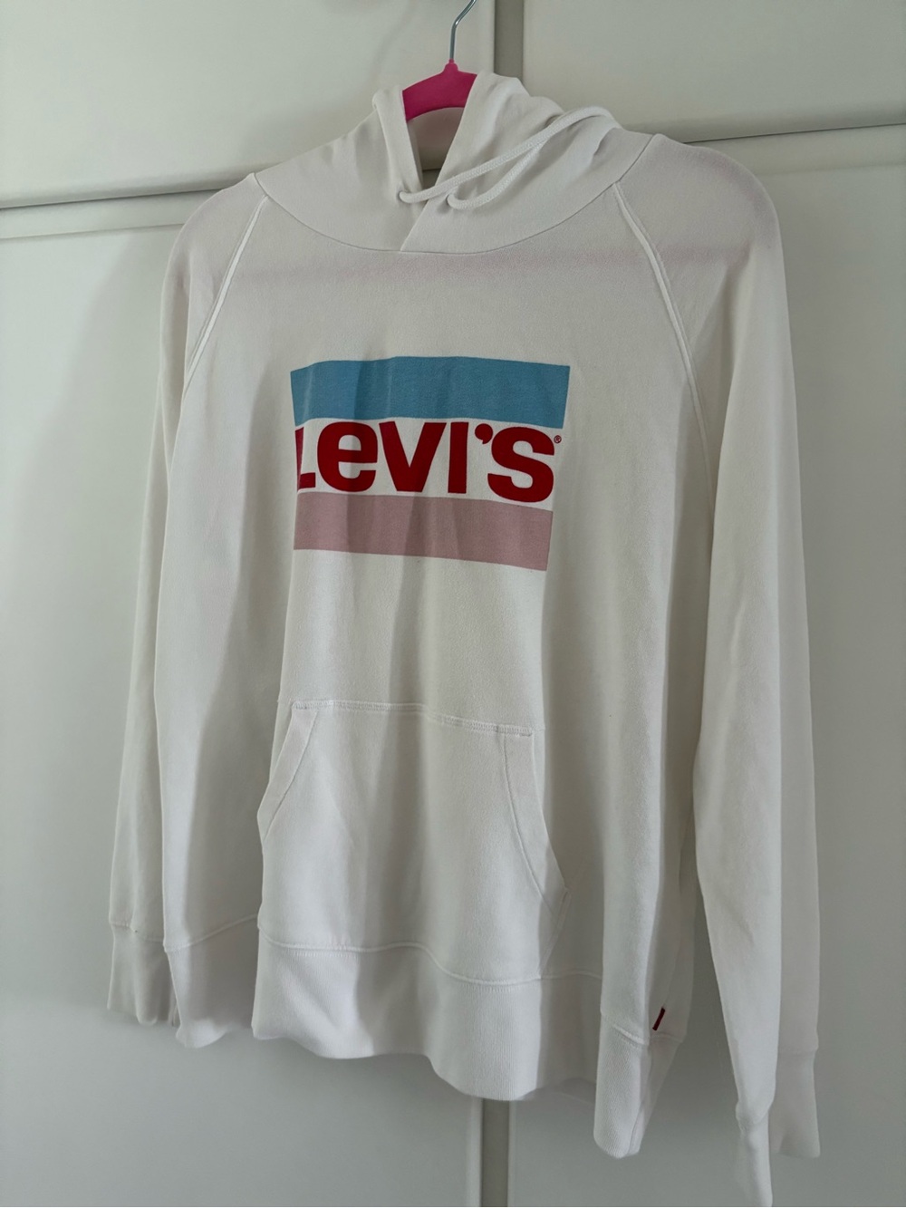 Levi's White Hoodie with Red Logo and Blue & Pink Stripes